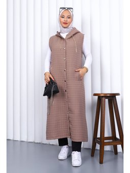 Vizon Kapüşonlu Kapitone Uzun Yelek