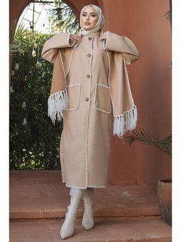 Atkılı Cepli Kaşe Uzun Açık Bej Ceket