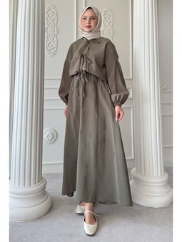 Bağ Detay Etekli Haki Takım