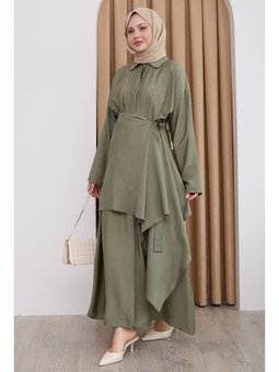 Belden Bağlamalı Haki Ayrobin Elbise