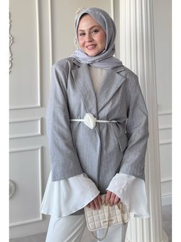 Çizgili Kolları Volanlı Gri Blazer Ceket
