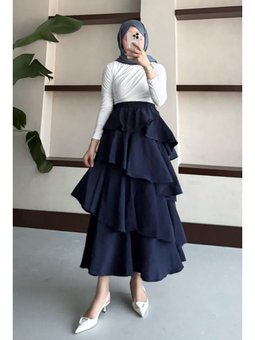 Fırfırlı Kat Kat Uzun Lacivert Etek