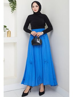 Fiyonk Detay Beli Lastikli Saks Mavisi Etek