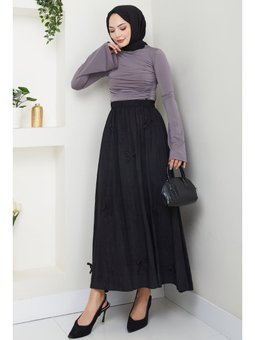 Fiyonk Detay Beli Lastikli Siyah Etek