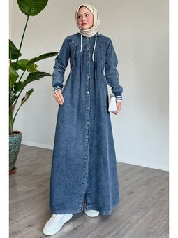 Kapüşonlu Beli Lastikli Mavi Kot Elbise