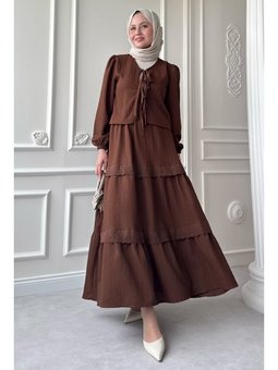 Kurdeleli Dantel Detay Etekli Krep Acı Kahve Takım