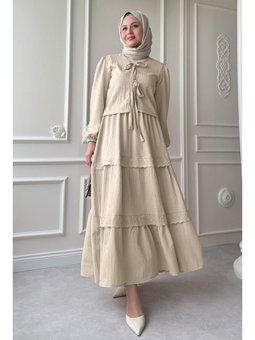 Kurdeleli Dantel Detay Etekli Krep Bej Takım