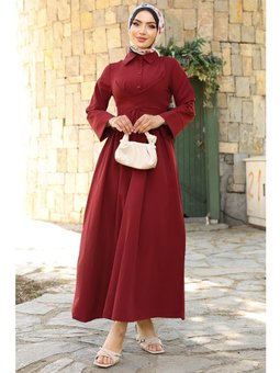 Kuşak Detaylı Yaka Bordo Gömlek Elbise