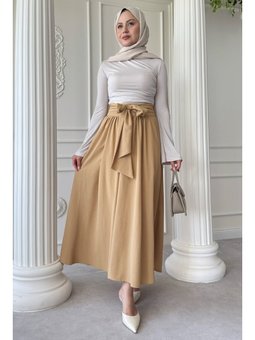 Pileli Kuşak Detay Bej Etek