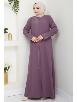 Sağ Kısmı Taş İşlemeli Gül Kurusu Ferace