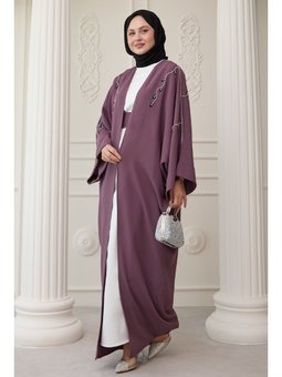 Sarmaşık Desen Taşlı Elbiseli Abaya Gül Kurusu