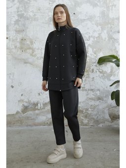 Taş Detaylı Fermuarlı Scuba Siyah Takım