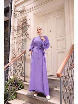 Balon Kol Lastikli Standart Lila Elbise