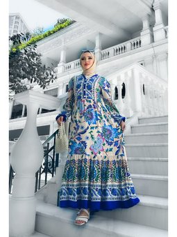 Alaçatı Viskon Desenli Mavi Elbise