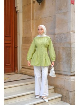 Beli Nervurlu Poplin Yeşil Gömlek