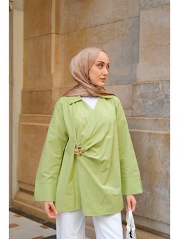 Broş Detay Poplin Gömlek Fıstık Yeşil