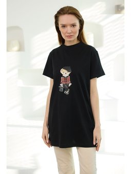 Kız Ayıcık Baskılı Basic Kısa Kollu İçlik Siyah