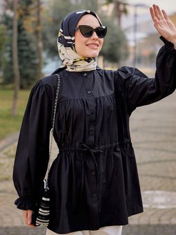 Robadan Büzgü Detaylı Balon Kol Siyah Gömlek