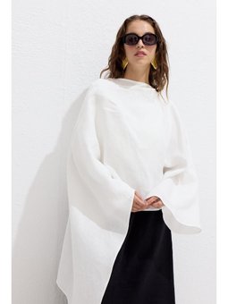Asimetrik Keten Pelerin Ekru Bluz