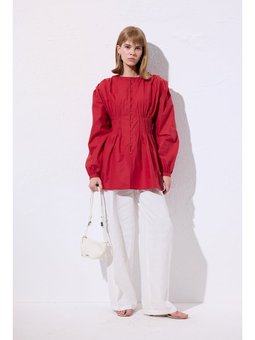 Beli Pile Detaylı Uzun Kol Kırmızı Bluz