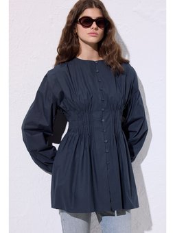 Beli Pile Detaylı Uzun Kol Lacivert Bluz