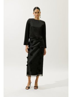 Çiçek Aplikeli Kalem Siyah Etek