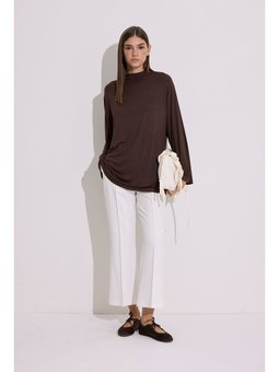Dökümlü Uzun Kol Kahverengi Bluz