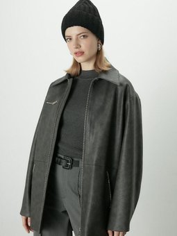 Eskitme Efektli Deri Antrasit Ceket