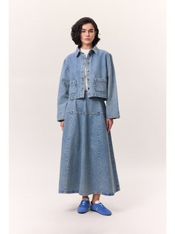 Geniş Büzgülü Denim Mavi Etek