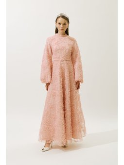 Kabarık Çiçekli Uzun Kol Abiye Pudra Elbise