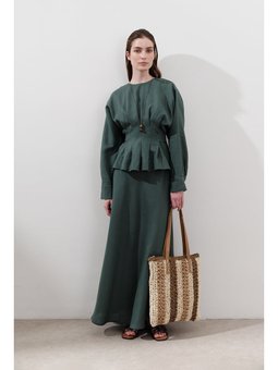 Keten Dikiş Detaylı Petrol Etek