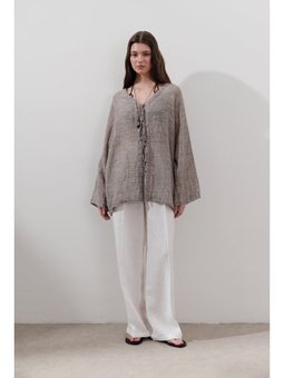 Keten Karışımlı Bağlamalı Kahverengi Bluz