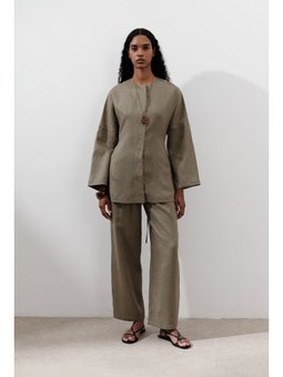 Keten Pileli Geniş Haki Pantolon