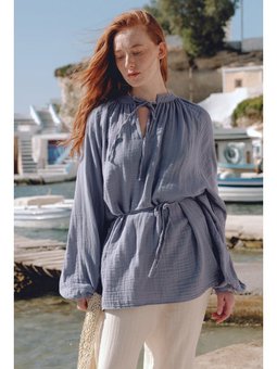 Müslin Bağlamalı Mavi Bluz