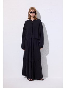 Müslin Balon Kol Kısa Siyah Bluz