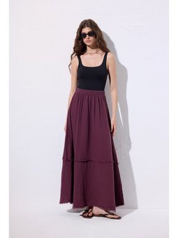 Müslin Katlı Geniş Mürdüm Etek