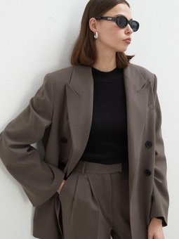 Oversize Kruvaze Blazer Vizon Ceket