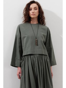 Pamuklu Crop Uzun Kol Çam Yeşili Bluz