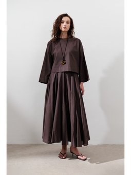 Pamuklu Crop Uzun Kol Kahverengi Bluz