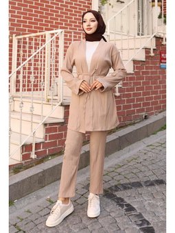 Cep Detaylı Kimono Vizon Takım