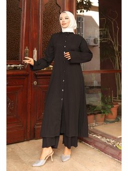 Yaka Detaylı Uzun Siyah Takım
