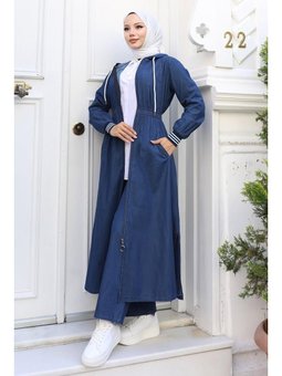 Beli Lastikli Kapüşonlu Koyu Mavi Kot Takım