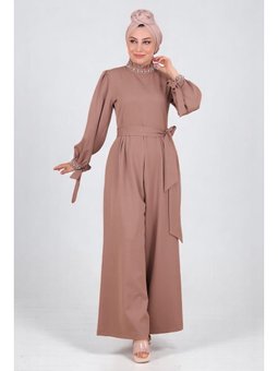 İnci Detaylı Tulum Elbise Vizon