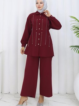 Bordo Taş Detaylı İkili Takım