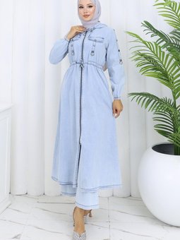 Buz Mavisi Kapüşonlu Beli Bağcıklı Kot İkili Takım