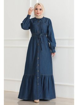 Fırfır Detaylı Kot Koyu Mavi Elbise