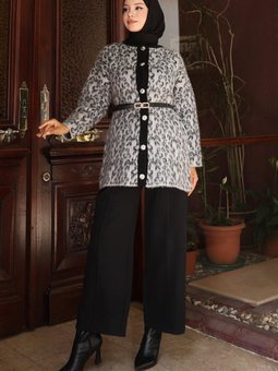 Gri Leopar Desenli Triko İkili Takım