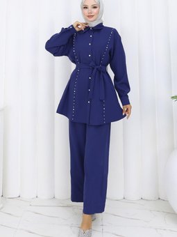 İndigo İncili Kuşaklı İkili Takım