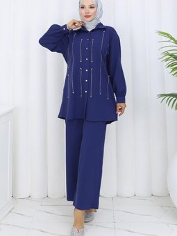İndigo Taş Detaylı İkili Takım