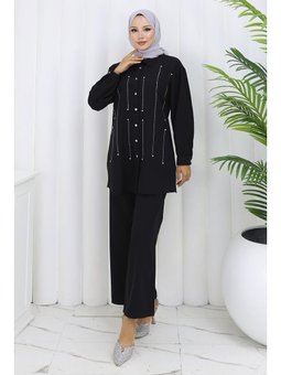 Taş Detaylı Siyah Takım